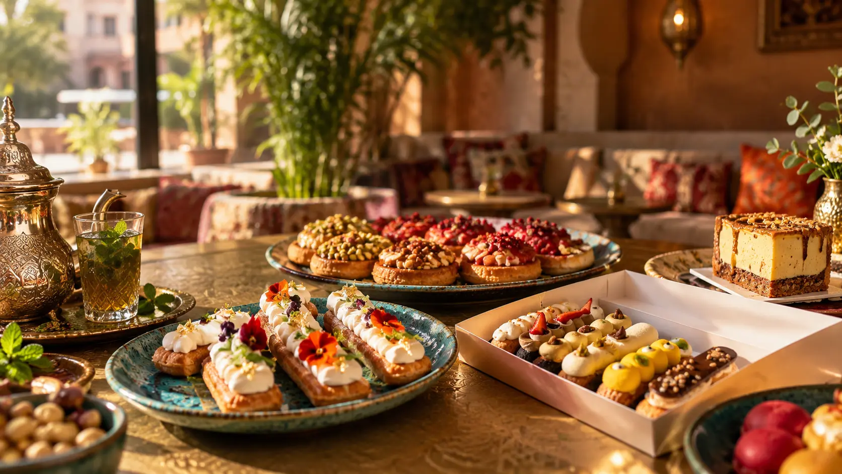 Moë Tea Room est un salon de thé artisanal à Rabat : éclairs, tartelettes et pâtisseries faites maison chaque jour, à savourer sur place dans un cadre chaleureux ou à commander via WhatsApp.
